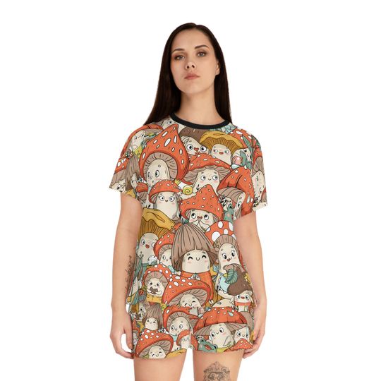 Kawaii Mushrooms Women's Short Pajama Set - Gift for Young Adult - Chibi Mushrooms - Gift for Grandchildren - Cute Kawaii Pajamas