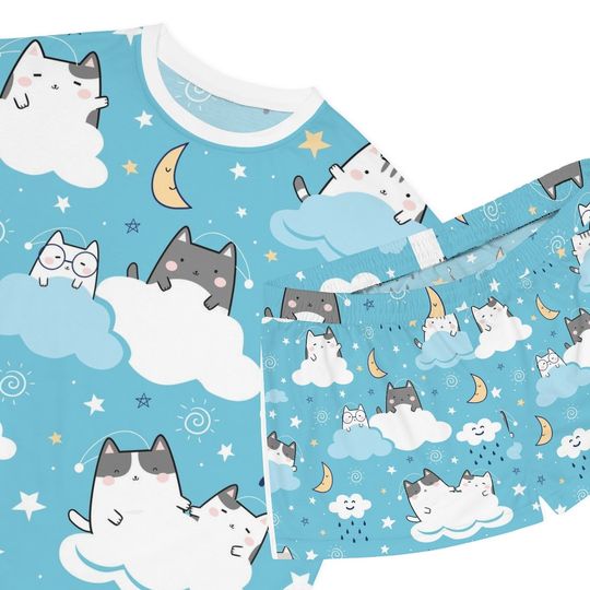 Kawaii Cat Print Women's Short Pajama Set, Lightweight Pajama Set, Two Piece Women's Pajama Set, Relaxed Fit Pajamas, Kawaii Cat Pajama Set