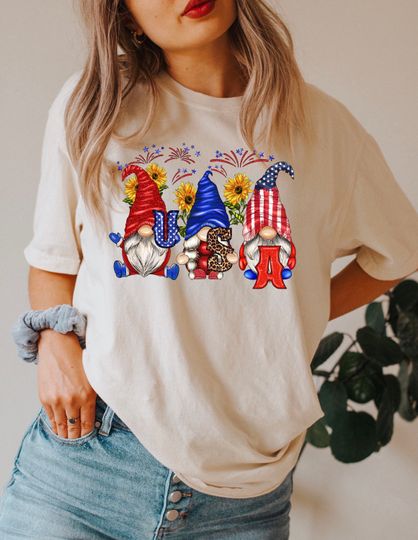 4th of July Gnomes Cotton Shirt, Comfortable Short Sleeve Sports Tee for Men, Women, Kids, 4th of July Gift, Independence Day Gift