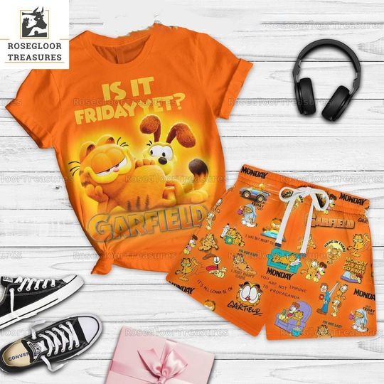 Garfield Is It Friday Yet T-Shirt Short Pants, Garfield Pajamas Set, The Garfield Movie Short, Sleepy Silly Lazy Fat Cat Unisex T-Shirt