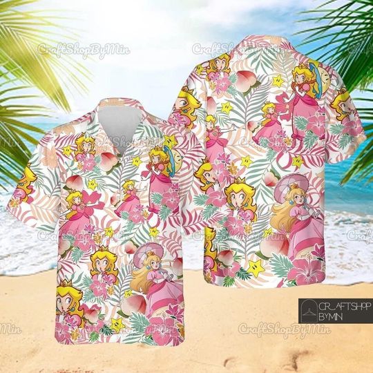 Princess Peach Super Mario Hawaiian Shirt, Super Mario Bros Shirt, Mario Tropical Button Up Shirt, Video Game Shirt, Shirts For Women