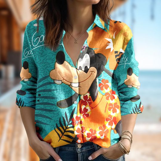Tropical Goofy Linen Women Shirt, Goofy Aloha Linen Casual Shirt, Cartoon Gift For Women, Magic Kingdom T-Shirt, Summer Family Trip Tee