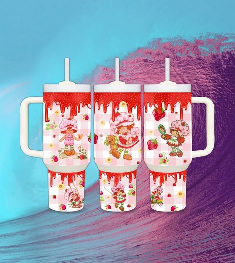 Vintage Strawberry Shortcake Gingham 40oz Tumbler with Handle, 80's cartton Tumblers