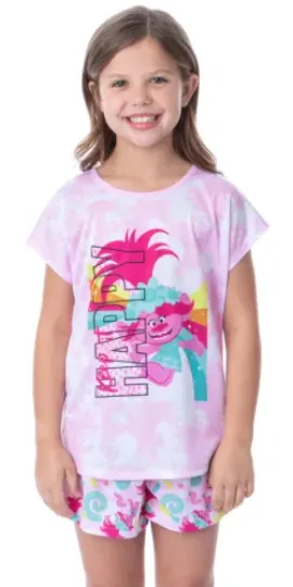 Dreamworks Trolls Girls' Poppy Happy Pajama Set | Shorts & Short Sleeved Set Round Neck Sleepwear | Loungewear | Homewear
