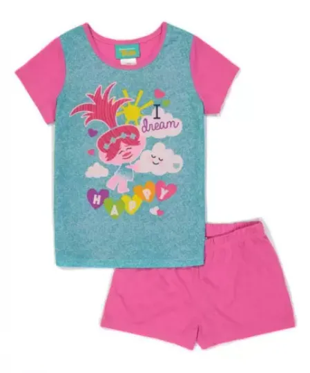Trolls Girls Multi Color Two-Piece Pajama Set | Shorts & Short Sleeved Set Round Neck Sleepwear | Loungewear | Homewear