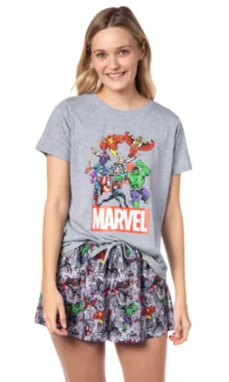 Marvel Womens' Classic Comic The Avengers Characters Pajama Set | Shorts & Short Sleeved Set Round Neck Sleepwear | Loungewear | Homewear
