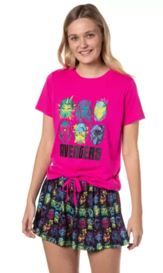 Marvel Womens' The Avengers Characters Hulk Pajama Set | Shorts & Short Sleeved Set Round Neck Sleepwear | Loungewear | Homewear