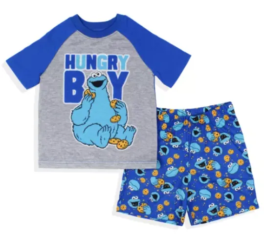 Sesame Street Toddler Boy's Cookie Monster Hungry Boy Pajama Set | Shorts & Short Sleeved Set Round Neck Sleepwear | Loungewear | Homewear