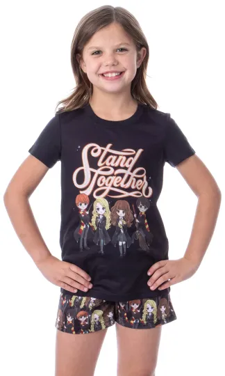 Harry Potter Girls' Stand Together Ron Hermione Sleep Pajama Set | Shorts & Short Sleeved Set Round Neck Sleepwear | Loungewear | Homewear