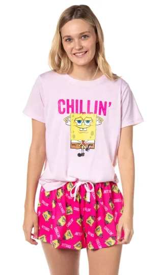 Nick 90s SpongeBob SquarePants Womens' Chillin' Pajama Set | Shorts & Short Sleeved Set Round Neck Sleepwear | Loungewear | Homewear