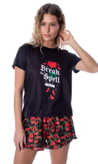 Disney Women's Beauty and The Beast Break The Spell Belle Pajama Set | Shorts & Short Sleeved Set Round Neck Sleepwear | Loungewear | Homewear