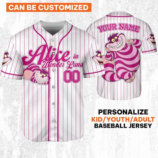 Custom Disney Alice in Wonderland Cheshire Simple Stripe Jersey, Gift for Kids, Disney Birthday Gift, Gift For Baseball Fans