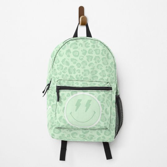 Preppy School Supplies, Preppy, Aesthetic, Sage Green, Leopard Print, Smile, Preppy Aesthetic Backpack