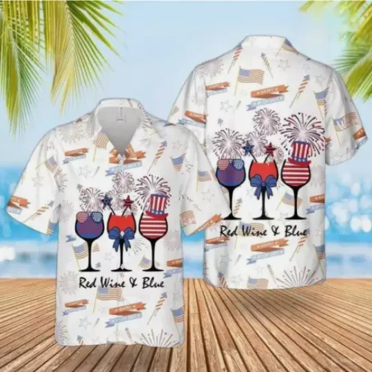 Discover Red White And Blue Wine 4th Of July Hawaii Shirt . Hot Shirt Hawai 2024 | Summer Short Sleeve Button Summer Shirt | Summer Vacay Outfit