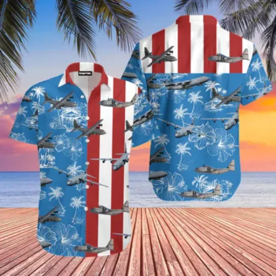Us Air Force Lockheed C-130 Hercules 4Th Of July Trendy Hawaiian Shirt | Summer Short Sleeve Button Summer Shirt | Summer Vacay Outfit