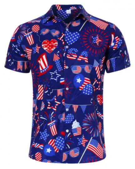 Goodstoworld Mens 4th of July Shirts Navy Blue Flag Day Hawaiian Shirts | Summer Short Sleeve Button Summer Shirt | Summer Vacay Outfit