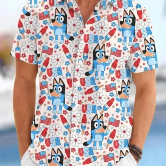 BlueyDad 4Th Of July Shirt Floral BlueyDad Independence Day Hawaiian Shirt | Summer Short Sleeve Button Summer Shirt | Summer Vacay Outfit