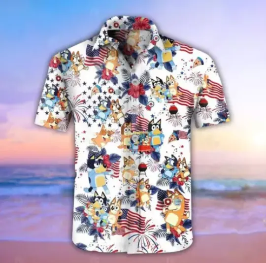BlueyDad Hawaiian Shirt BlueyDad 4Th Of July, BlueyDad Summer Family Hawaiian Shirt | Summer Short Sleeve Button Summer Shirt | Summer Vacay Outfit