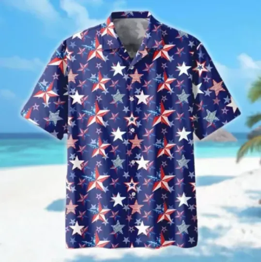American Star 4Th Of July Hawaiian Shirt, July Fourth Button Up Shirt, Star Red | Summer Short Sleeve Button Summer Shirt | Summer Vacay Outfit