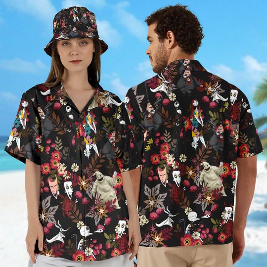 The Nightmare Before Christmas Floral Hawaiian Shirt, Jack And Sally with Beach, Gift For Summer, Comfortable,  Trending Street Fashion