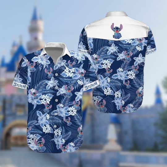 Stitch Hibiscus Flower Pattern Hawaiian Shirt, Funny Stitch Birthday Gift, Blue Dog Alien Button Up Hawaii Shirt, Cartoon Beach Summer Shirt