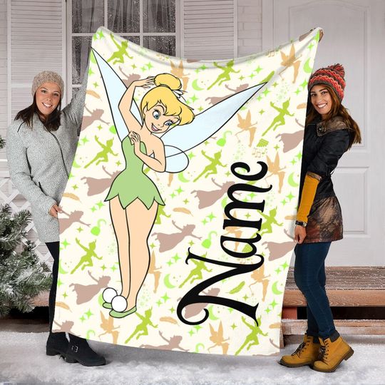 Personalized Name Disney Tinker Bell Blanket , Magic Kingdom Fleece Mink Sherpa Blanket, Personalized Name Blanket, Gift For Fans
