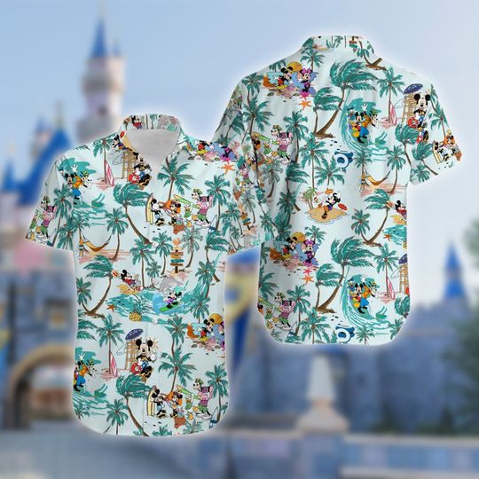Mickey Mouse Hawaiian Shirt, Mouse and Friends Summer Vacation Shirt, Minnie Mouse Goofy Donald Tree Button Up, Beach Trip Party Shirt