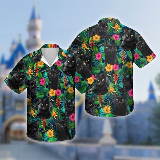 Tropical Black Cat Hawaiian Shirt, Funny Cat Summer Vacaton Hawaii Shirt, Black Cat Button Up Hawaiian Party Shirt, Beach Hawaiian Shirt