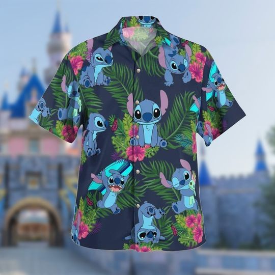 Stitch Hawaiian Shirt, Palm Leaves Pattern All Over Print, Funny Stitch Dog Summer Vacation Shirt, Stitch Character Button Up Hawaii Shirt