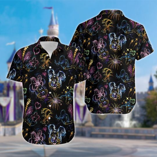 Discover Mickey And Minnie Love In The Sky Hawaii Shirt, Couple Mouse Hawaiian Shirt, Mickey And Minnie Summer Vacation Shirt, Mouse Firework Shirt