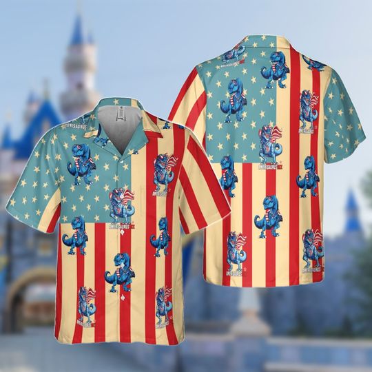 Dinosaur Independence Day Hawaii Shirt, T-Rex USA Flag Hawaii Shirt, Patriotic Button Up Gift