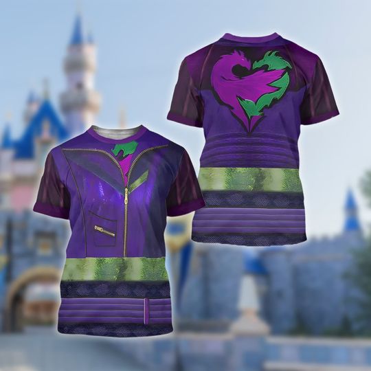 Mal Costume T-Shirt, Mal Purple and Green All Over Print Shirt, Descendants Character Cosplay Costume Tee, Halloween Cosplay 3D T-Shirt