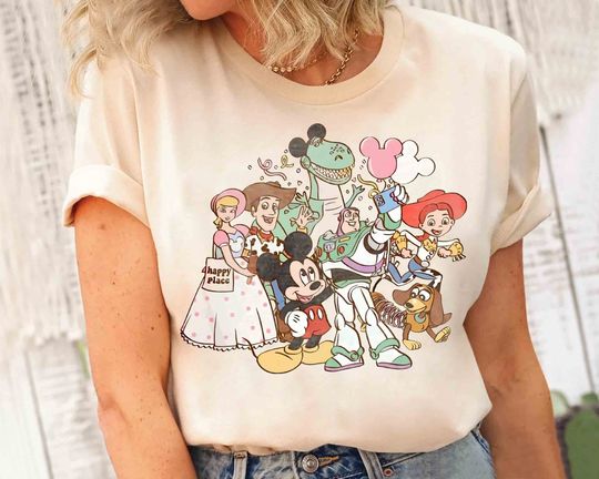 Cute Disney Mickey Mouse & Toy Story Characters Squad Take Photo Retro Cotton Shirt, Comfortable Short Sleeve Sports Tee for Men, Women, Kids - Trending Street Fashion