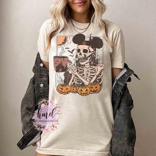 Mickey Skeleton Coffee Cotton Shirt, Comfortable Short Sleeve Sports Tee for Men, Women, Kids - Trending Street Fashion