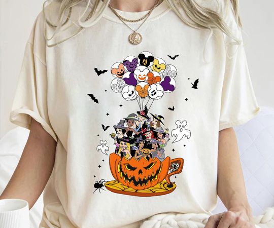 Vintage Disney Halloween Mickey and Friends Pumpkin Teacup Spooky Balloon cotton tee, Graphic Tshirt for men, women, Unisex, Trending Gifts