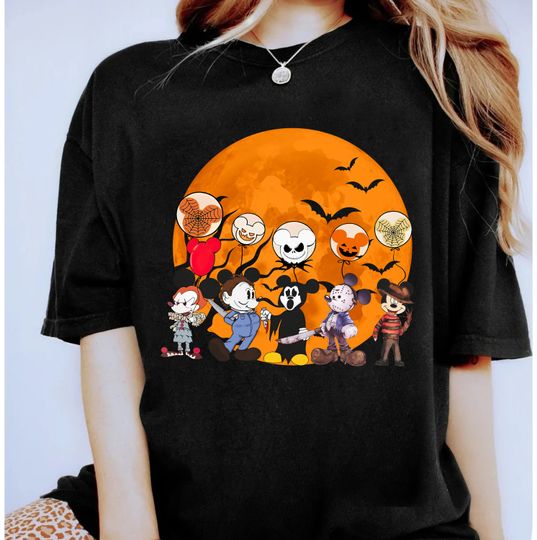 Vintage Disney Halloween Mickey Cosplay Horror Characters Spooky Balloon cotton tee, Graphic Tshirt for men, women, Unisex, Trending Gifts