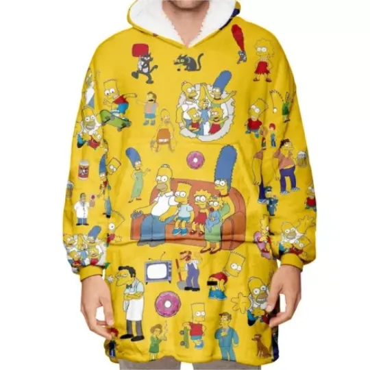 The Simpson Sherpa Oversized Blanket Hoodie, Blanket with Sleeves Winter Pullover Fleece, Wearable Blanket Hoodie for adults kids babys