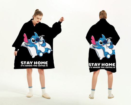 Stitch Oversized Blanket Hoodie, Blanket with Sleeves Winter Pullover Fleece, Wearable Blanket Hoodie for adults kids babys