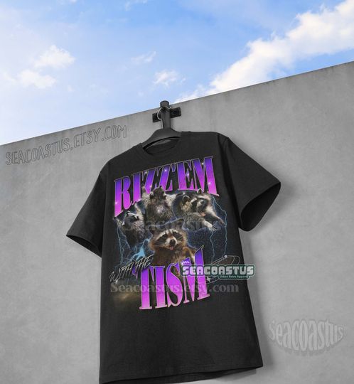Rizz Em With The Tism Vintage Bootleg Shirt, Vintage 90s Funny Raccoon Graphic Shirt, Raccoon Meme Tee, Autism Awareness, Oversize Shirt