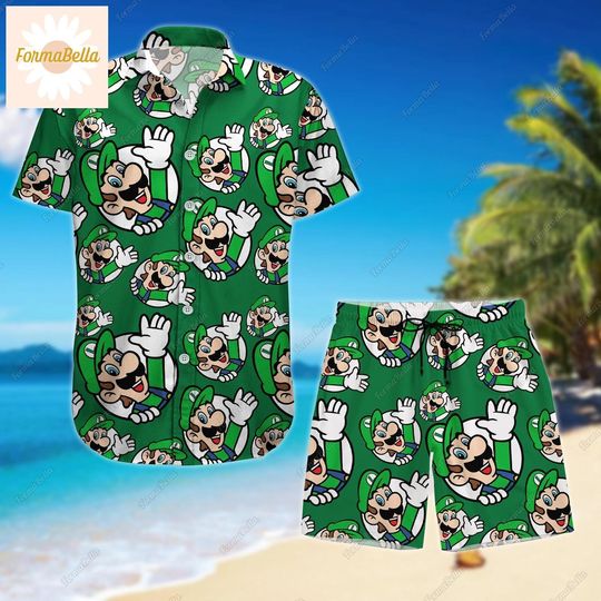 Luigi Hawaiian Shirt, Luigi Shorts, Super Mario Characters Shirt, Luigi Button Shirt, Luigi Beach Shirt, Workout Shorts, Gift For Him