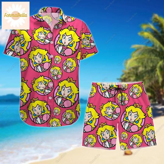 Princess Peach Hawaiian Shirt, Princess Peach Shorts, Button Shirt, Super Mario Shirt, Princess Peach Shirt, Summer Pants, Hawaii Shirt