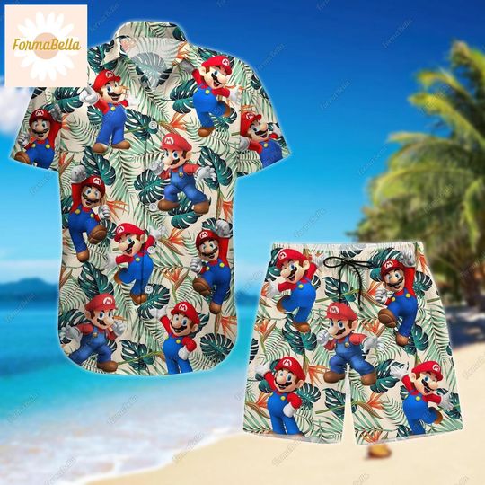 Mario Hawaiian Shirt/Shorts, Super Mario Button Shirt, Mario Beach Shirt, Mario Mens Shorts, Workout Shorts, Gift For Him, Hawaii Shirt