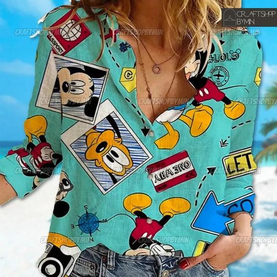 Mickey Pluto Shirt, Mickey Linen Shirt, Disney Mickey Shirt, Mickey Summer Shirt, Linen Blouse, Mickey Ears Shirt, Disney Mouse Shirt