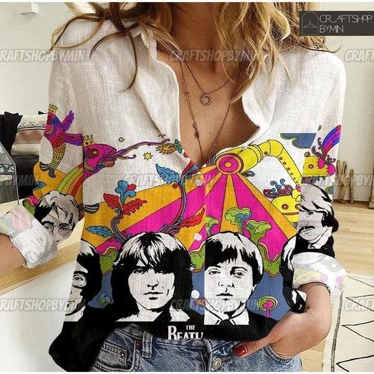 Retro The Beatles Linen Shirt, The Beatles Band Linen Blouse, Music Band Linen Button Shirt, Rock Roll Women Shirt, The Beatles Fan