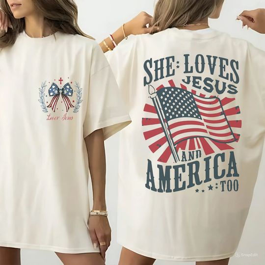 She Loves Jesus And America Too Comfort Colors Bible Verse Tshirt-Religious Christian Shirts-Faith Based Gift For Her-Patriotic Shirt