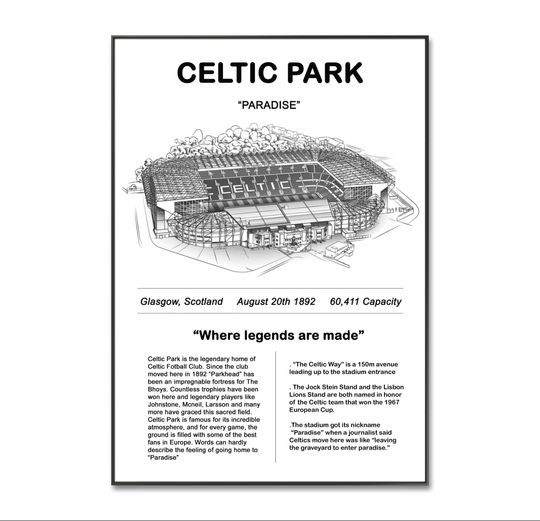 Celtic Park Stadium Poster, Celtic FC Football print, Celtic football The Bhoys Paradise stadium Poster