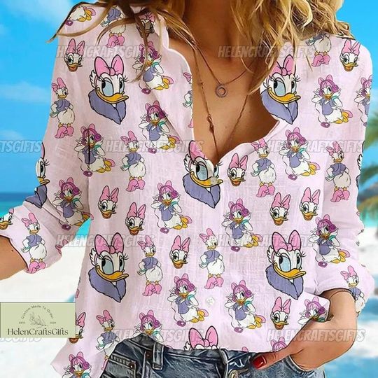 Daisy Duck Linen Shirt, Pink Daisy Duck Shirt, Disney Women Blouses Shirt, Magic Kingdom Shirt, Shirts For Women, Linen Button Shirt