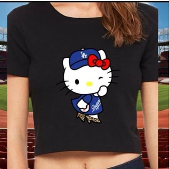 Dodgers Hello Kitty Women's Crop Top, Kawaii T-Shirt, Sanrio Anime Cartoon Casual Clothes, Y2k Cropped Tee Shirt