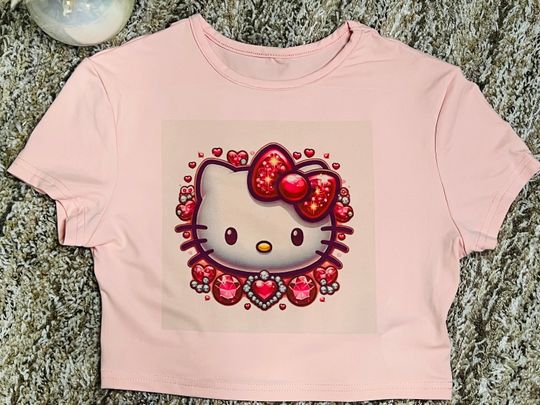 Hello Kitty Women's Crop Top, Kawaii T-Shirt, Sanrio Anime Cartoon Casual Clothes, Y2k Cropped Tee Shirt