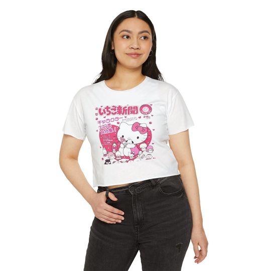 Hello Kitty Women's Crop Top, Kawaii T-Shirt, Sanrio Anime Cartoon Casual Clothes, Y2k Cropped Tee Shirt